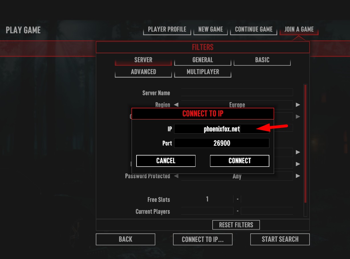 Connect to IP dialog with phoenixfox.net and port 26900 entered