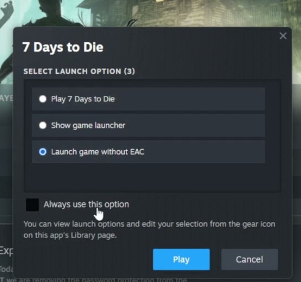 Steam launch options with 'Launch without EAC' selected