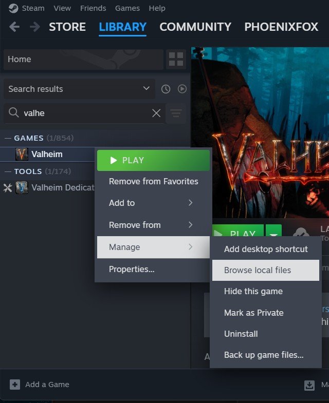 Right-click Valheim in Steam to browse local files